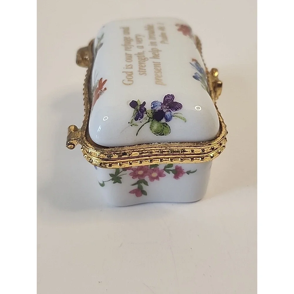 Imperial‎ Porcelain Trinket Box White, Goldtone & Floral Psalm 46:1 Bible Verse